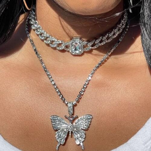 Stonefans Ice Out 2 Piece Cuban Chain Rhinestone Butterfly Necklace Set Hip Hop Crystal Chunky Cuban Necklace Beach Jewelry Gift
