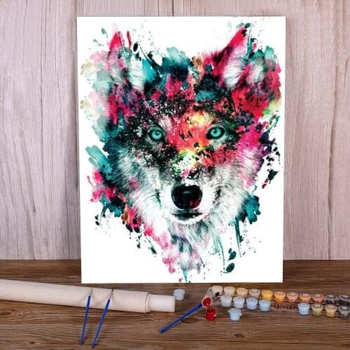 Colored Wolf Coloring By Numbers Painting Package Acrylic Paints 40*50 Oil Painting Wall Decoration For Children For Handiwork