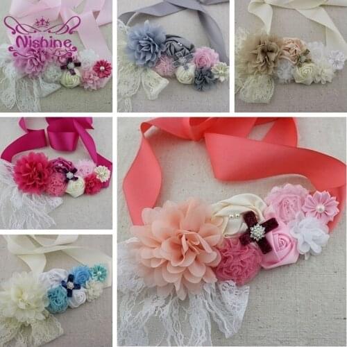 Nishine Handmade Big Chiffon Flower Women Sash Fashion Rhinestone Bowknot Waistband Maternity Belt Wedding Dress Waistband