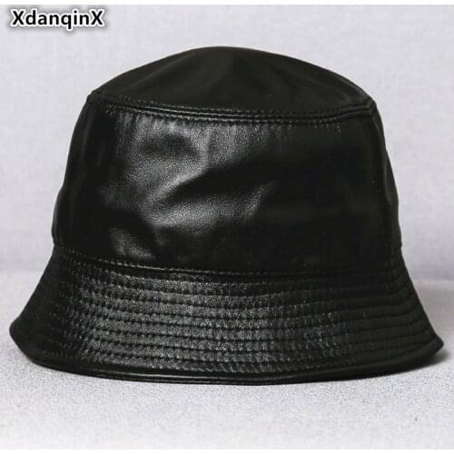 XdanqinX New Trend Genuine Leather Hat Mens Flat Cap Bucket Hats Autumn Womens Elegant Sheepskin Leather Cap Couple Black Caps