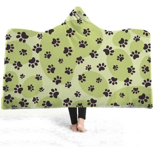 Dog Paw Hooded Blanket Cartoon Lovely Kawaii Fleece Blanket 3D Print Nap Office Wearable Blanket Happy Napper Throw Blanket