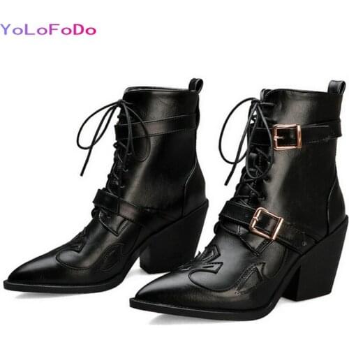 Plus Size 33-45 Women Ankle Boots PU Leather Short Plush Winter Shoes Cross Tied Pointed Toe Square Heel Women Short Boots
