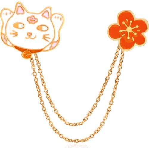 Fortunate Cat Cherry Blossoms Brooch Button Pins with Chain Denim Jacket Pin Badge Lovely Animal Jewelry Gift for Kids Girls