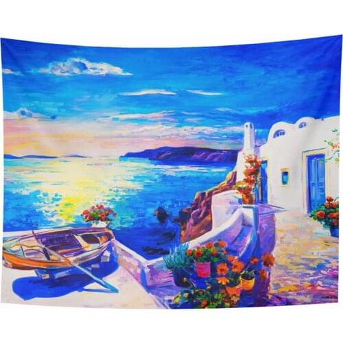 Blue Greece White Sea Houses Nature Watercolor City Artistic Beautiful Oia Tapestries