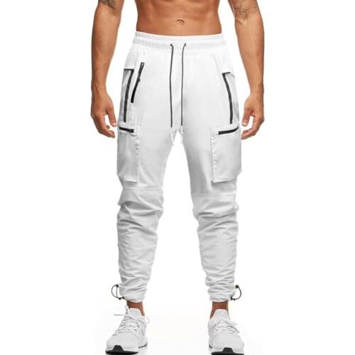 Reflective mens cargo pants fitness sweatpants outdoor gym running training slacks multi-pocket jogging squats cargo pants