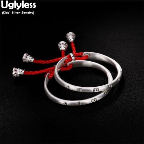 Uglyless 1Pair New Born Babies High-end Silver Bangles Opening Rope Bangles Buddhism Six-word Blessing 99.9% Silver Bracelets