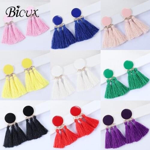 BICUX Vintage Bohemian Ethnic Round Drop Earrings for Women Girl Decorations Fashion Long Tassel Color Cotton Earring Jewelry