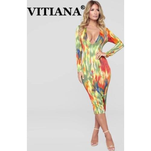 VITIANA Women Sexy Party Dress Spring 2020 Female Long Sleeve Deep V-Neck Slim Empire Bodycon Dresses Femme Club Pencil Vestidos