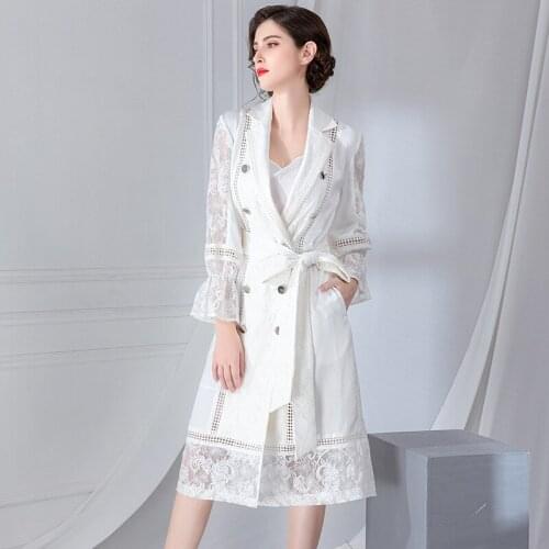 Women Autumn Trench Coat British Style Hollow Out Lace Elegant Work Office Lace Trench Flare Sleeve Double Breasted Long Coat