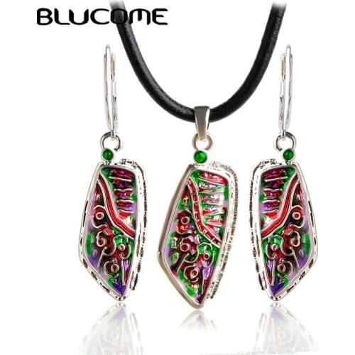 Blucome New Arrival Red Green Enamel Jewelry Sets Women Lady Gifts Black Rope Chain Leaves Shape Long Drop Earrings Necklace Set