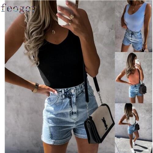 FEOGOR sexy vest Summer casual womens simple solid color sleeveless V-neck pit strip ladies vest Corset Vest lo shi Base shirt