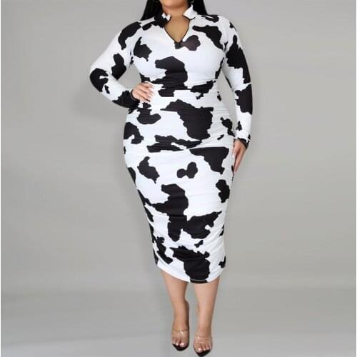 Women Cow Print Long Dress Plus Size Long Sleeve Bodycon Fall Spring Dresses Zipper V Neck Black White Elegant Clothing 2021 3xl
