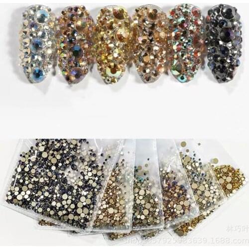 1440pcs Mix 6 Size Shine Crystal AB Glass Nail Rhinestone Flat Back Round Nail Decoration Stones Non Hotfix Strass Diamond,HJ&41