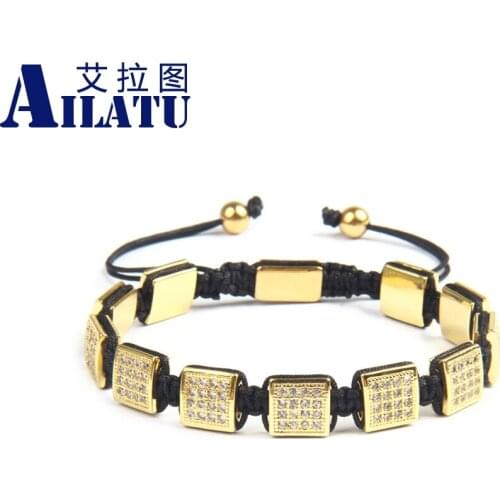 Ailatu Wholesale 10pcs/lot High Quality Men Bracelets Micro Paved Cz Beads Square Macrame Braiding Jewelry