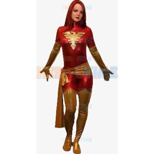 Red X-Men Dark Phoenix Shiny Metallic Superhero Costume Zentai Halloween Xmen Cosplay Bodysuit Free Shipping