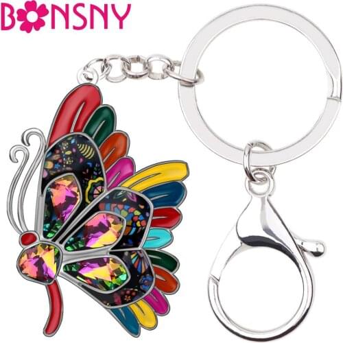 Bonsny Enamel Alloy Rhinestone Colorful Butterfly Key Chains Key Ring Fashion Jewelry For Women Girls Handbag Pendant Decoration