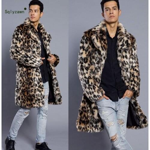 Brand Handsome Men Long Section Fake Fur Coat Personal Leopard Print Printing Autumn and Winter Keep Warm Mens Jacket Coat New