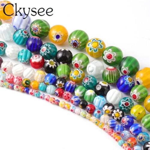 Ckysee 1strands Mix Colors Spaced Beads Patterned Glass Beads Round Shape For Jewelry Making DIY Necklace Bracelet 35cm