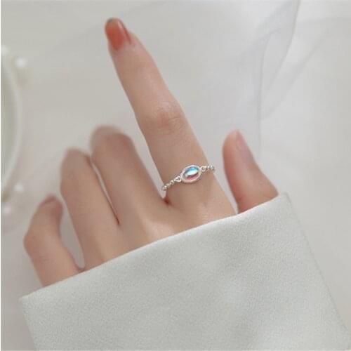 925 Sterling Silver Tassel Long Chain Moonstone Oval Finger Ring For Women Girls Party Jewelry jz094