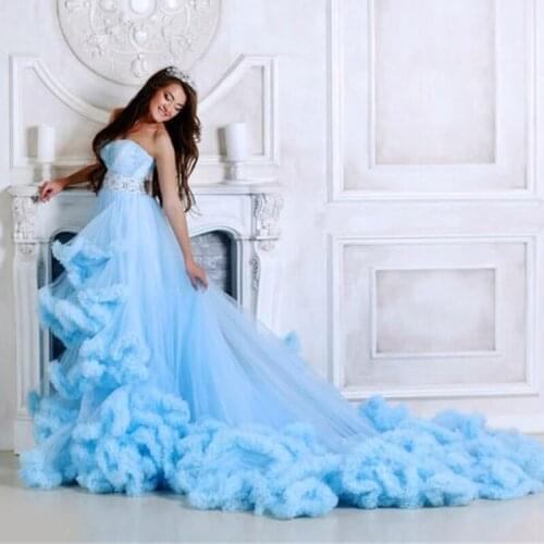 Sky Blue Ruffles Tulle Long Sleeve Women Winter Sexy Kimono Pregnant Party Sleepwear Bridal Bathrobe Evening Party Wear