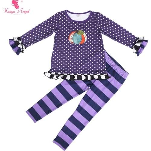 Kaiya Angel Hot Sales Toddler Girls Halloween Clothing Set Pumpkin Print Dot Ruched Tops Striped Trousers Girls Boutique Outfits