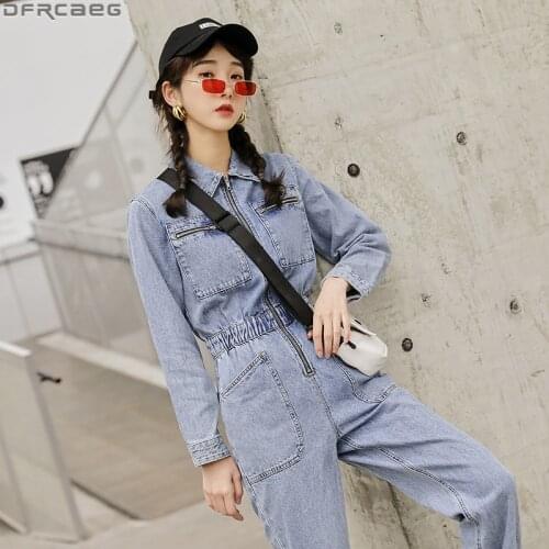 Fashion Streetwear Long Sleeve Denim Overalls Women Elastic High Waist Tunic Bodycon Rompers Zipper Big Pockets Jeans Jumpsuit