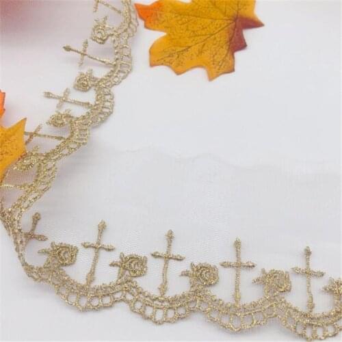 20Yards/lot Gold Thread Lace Mesh Embroidery Trims Cross Rose Wave Clothing Accessories Gold Wedding Dress Accessories 6.7cm