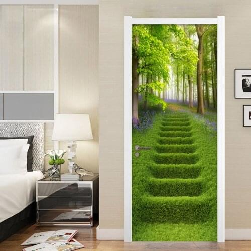 Forest Green Grass Stairs Creative DIY Self-adhesive Door Sticker PVC Waterproof Living Room Bedroom Door Decoration Mural Paper
