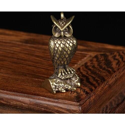 Pure Copper Standing Owl Miniature Figurines Desktop Ornament Antique Retro Brass Animal Tea Pet Decor Keychain Pendants Crafts
