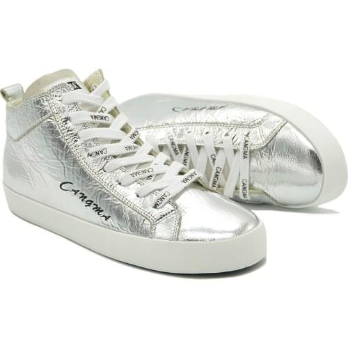 CANGMA Custom Logo Sneakers Men Mid Patent Genuine Leather Shoes Mans Luxury Brand Designer Silver Male Shoes 2021