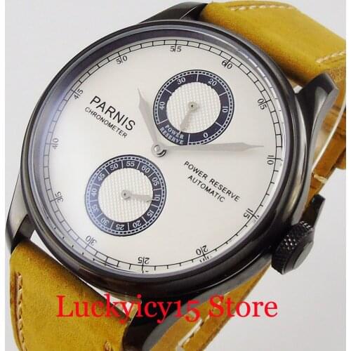 PARNIS 43mm Dress Black PVD Plated Automatic Solid Men Wristwatch Power Reserve Indicator Leather Band