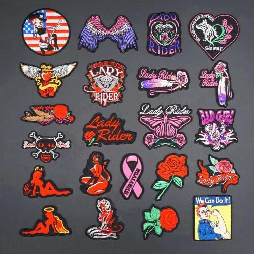 Lady Rider Embroidered Iron on Biker Patches Bad Girl Badge Motorcycle Knight Leather Vest Decoration Accessories Appliques