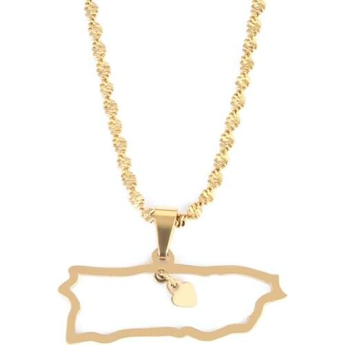 Stainless Steel Puerto Rico Map Pendant Necklaces for Women Girl Map Heart Jewelry