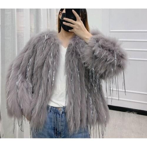 Womens fashion genuine real natural Raccoon Fur Coat girls dream Luxurious jacket Sequin tassel sexy