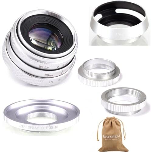 Silver Mini 35mm f/1.6 APS-C CCTV Lens+adapter ring+2 Macro Ring+lens hood for Canon EF-M EOSM Mirroless Camera M1/M3/M5