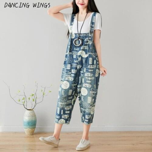 Spring Autumn Printed letter Jean Jumpsuits Women Oversized cowboy Bib Pants Drop Crotch Casual Denim Overalls