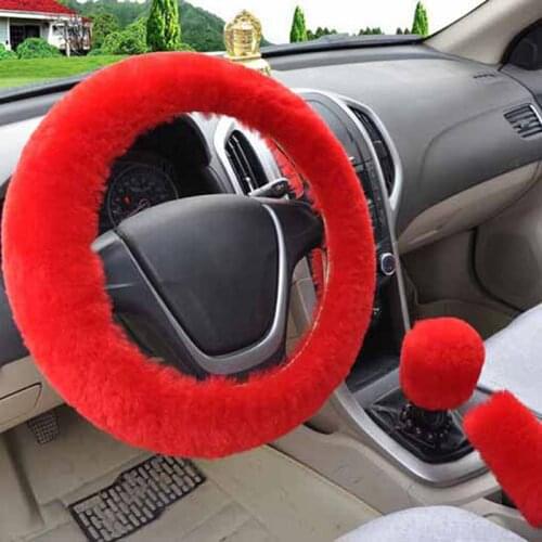 Red Universal Car Steering Wheel Cover protects hands from cold With Stop Lever Hand Brake Wool Cover