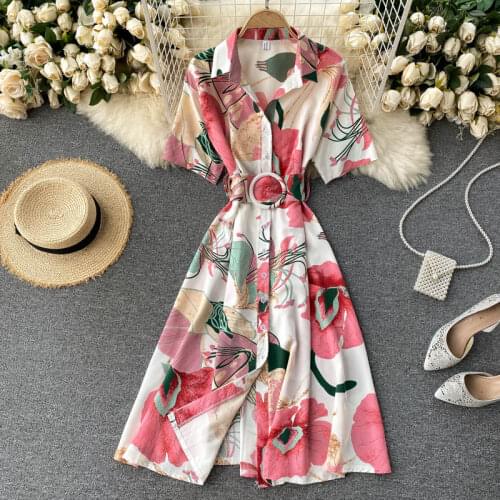 Teeuiear Slim Polo Neck Summer floral print Long Blouse Dress Party bandage vestido de festa Women beach Elegant Tunic dress