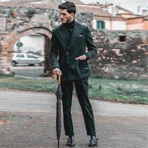 Dark Green Corduroy Groom Tuxedos Groomsmen Double Breasted Two Pieces Men Suit Wedding Mens Blazer Suits