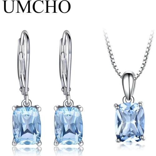 UMCHO Genuine 925 Sterling Silver Sky Blue Topaz Jewelry Sets Pendant Necklace Drop Earrings for Women Wedding Fine Jewelry Gift