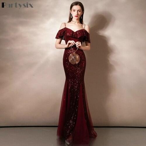Partysix Off Shoulder V-Neck Party Gowns Gold Glitter Long Evening Gowns Female Banquet Mermaid Dresses