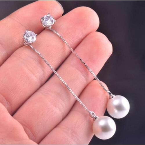 ANENJERY 925 Sterling Silver Zircon Pearl Long Earrings For Women Ear Chian oorbellen S-E432