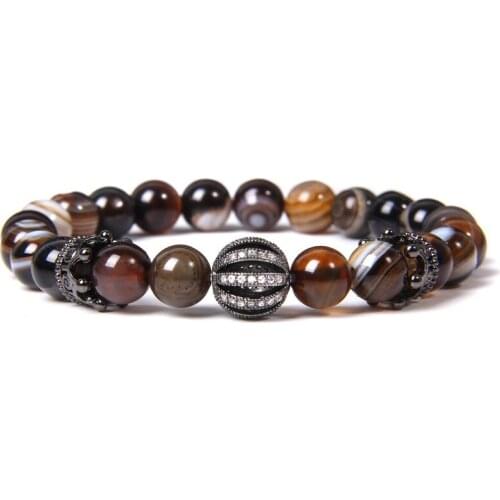 Women Crown Charm Bracelet Natural Stone Stripe Agates Beads Bracelet Fashion Micro Pave CZ Round Ball Bracelet Jewelry Men