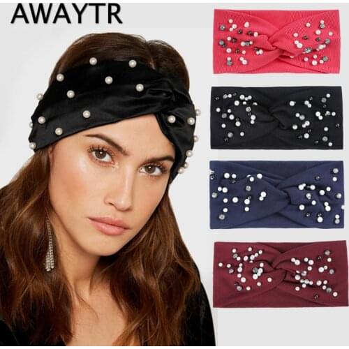 AWAYTR Knitted Pearl Knot Headband for Women Girls Hair Accessories Autumn Winter Headwear 8 Colors Elastic Hair Hoop Hairband
