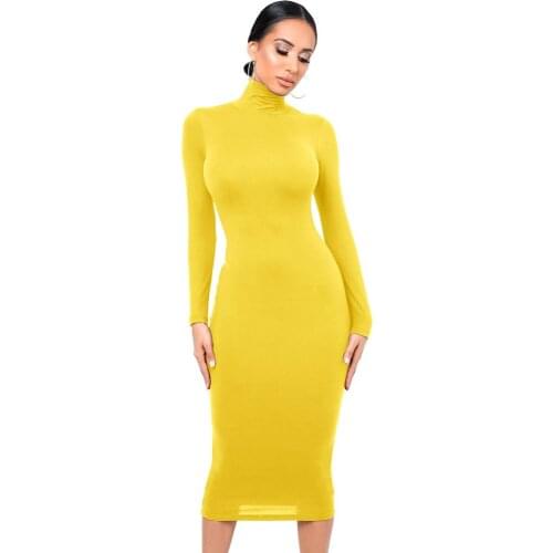Winter Long Sleeve Bodycon Dress for Women Turtleneck Solid Knee-length Dress Basic Elastic Party Elegant Midi Dress Robe Hiver