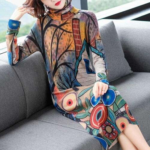 2018 Winter Fall Fashion Women Turtleneck Printed Floral Knit Long Sweater Dress , Womens Clothes , 4xl Knitted Sweaters Dresses