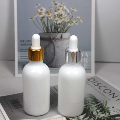 50ml essential oil empty bottle pearl white dropper bottle with bamboo cover gold silver blue black metal aluminum lid