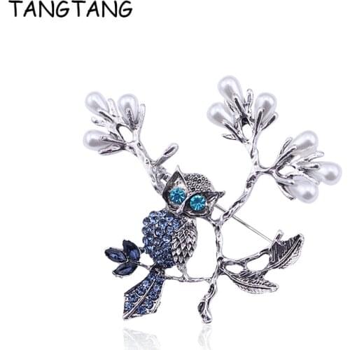 TANGTANG Large Brooch Blue Crystal Eyes Owl Brooch On Branch Simulated White Pearl Antique Metal Brooch Pin For Women Unique