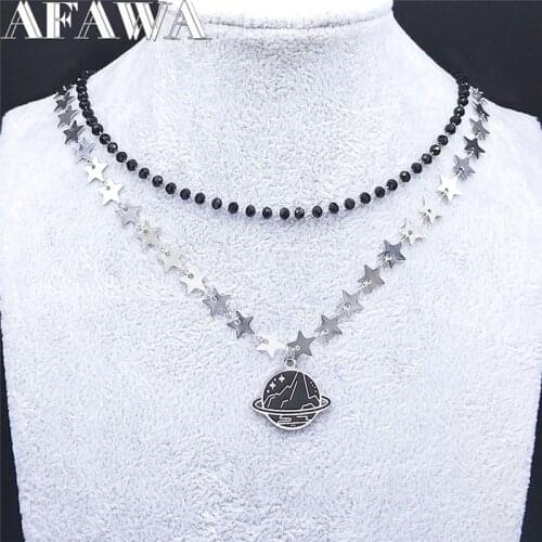 Universe Star Crystal Beads Stainless Steel Black Silver Color Layered Necklace Women Jewelry chaine acier inoxydable NXS02