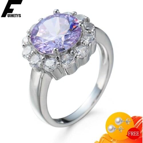 BaliJelry 925 Silver Ring Jewelry Round Amethyst Zircon Gemstones Finger Rings Accessories for Women Wedding Engagement Party